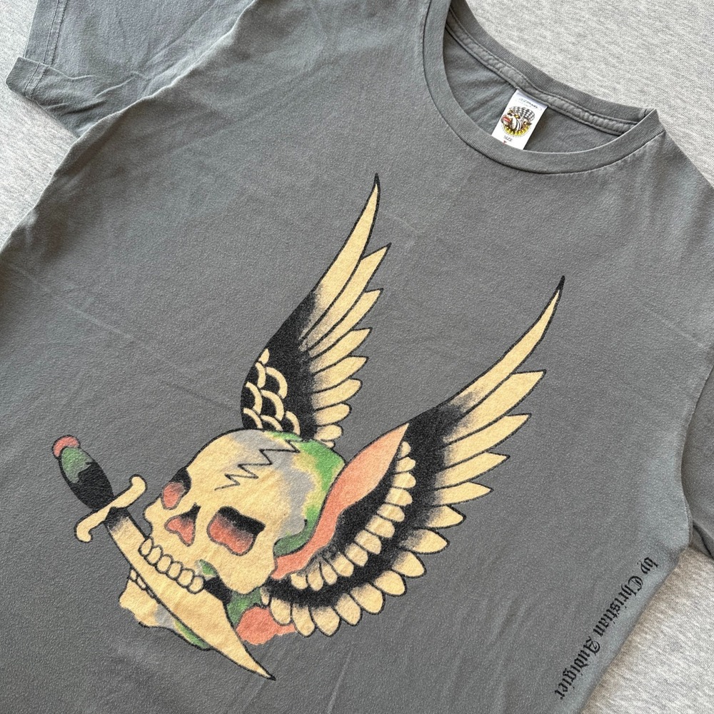 Ed Hardy Christian Audigier Men's Size L T-Shirt Grey Flying Skull Dagger - Picture 3 of 14
